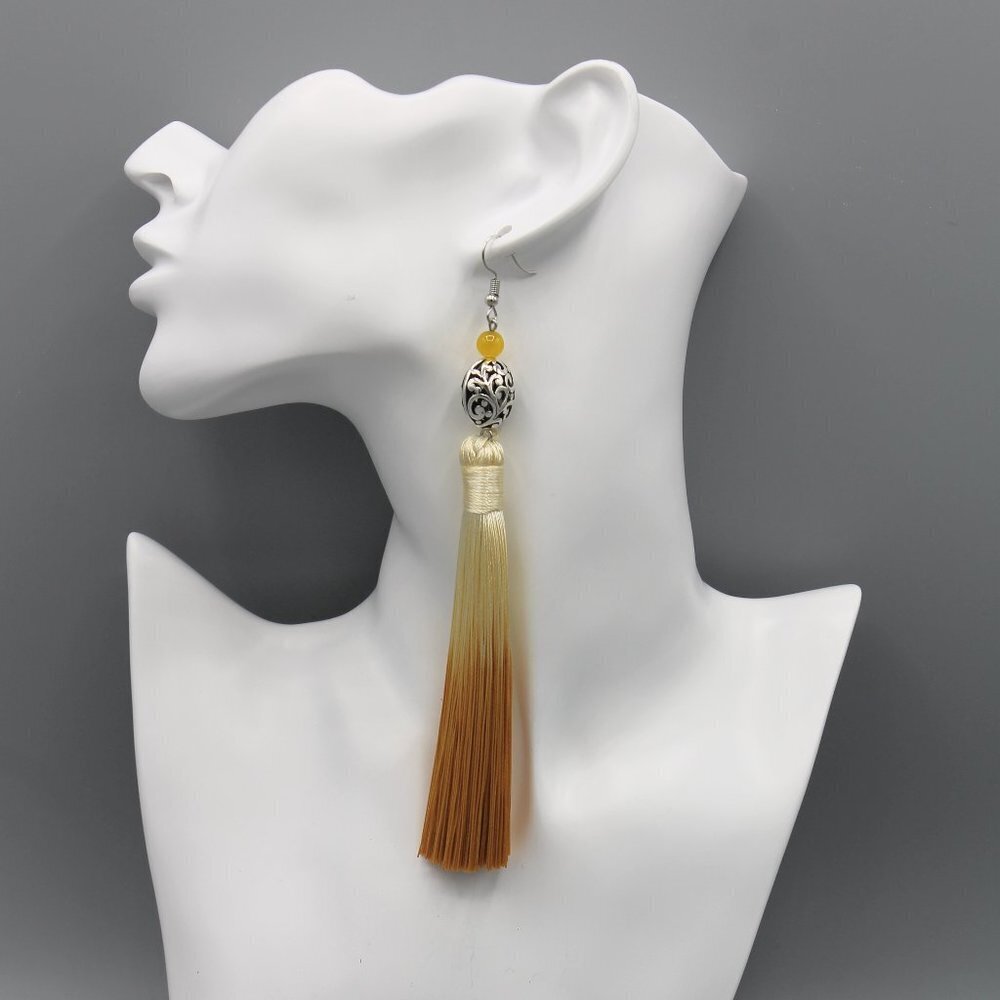 Jewelry earrings tassel long drop dangle yellow orange silver tone elegant new